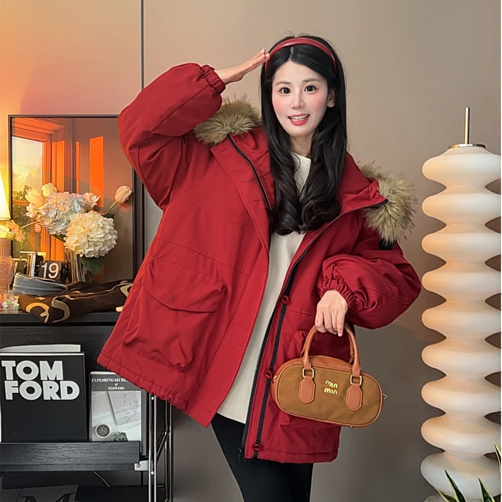 （羽妮）冬季慵懒风翻领保暖宽松中长款外套2025新款时尚潮流派克服