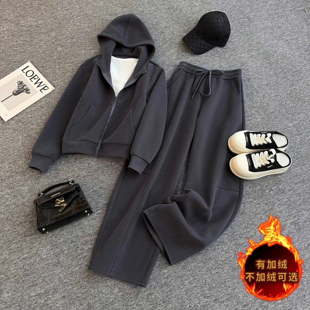 休闲运动套装女秋冬新款修身短款卫衣内搭白色背心阔腿长裤三件套