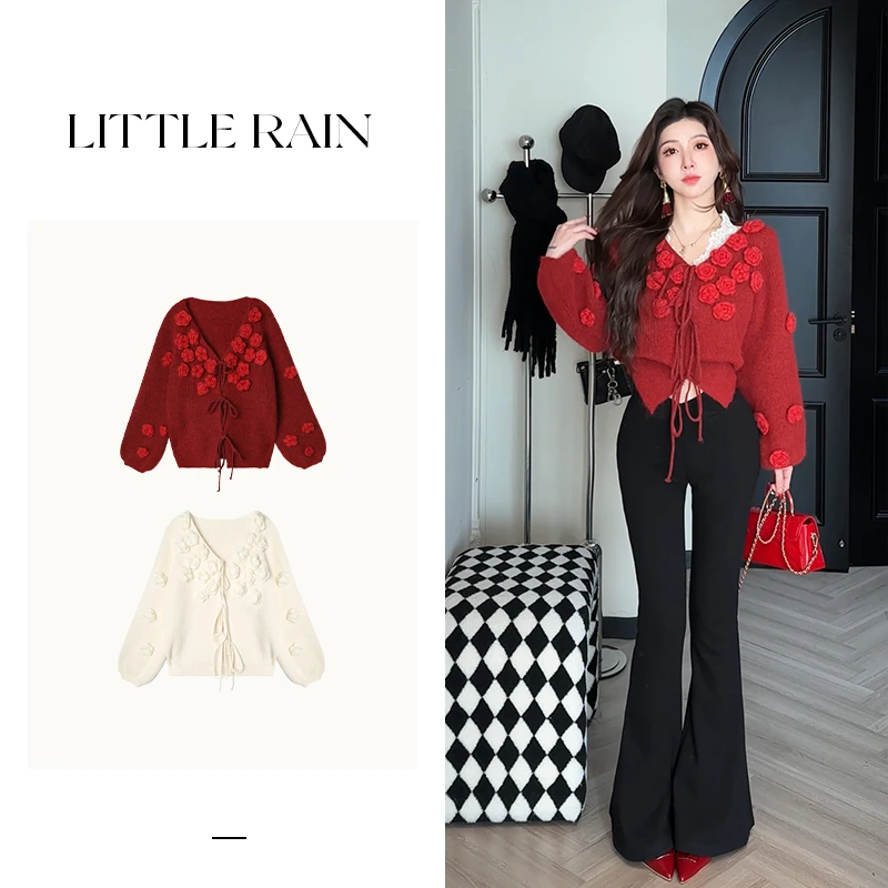 小雨姐姐新款【晚棠茶花】温柔甜美立体花朵长袖针织开衫女冬款