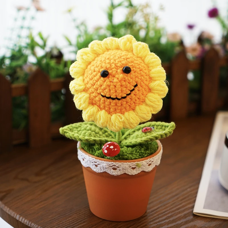 毛线钩织手工办公桌面摆件盆栽向日葵钩针花朵100款初学者针织