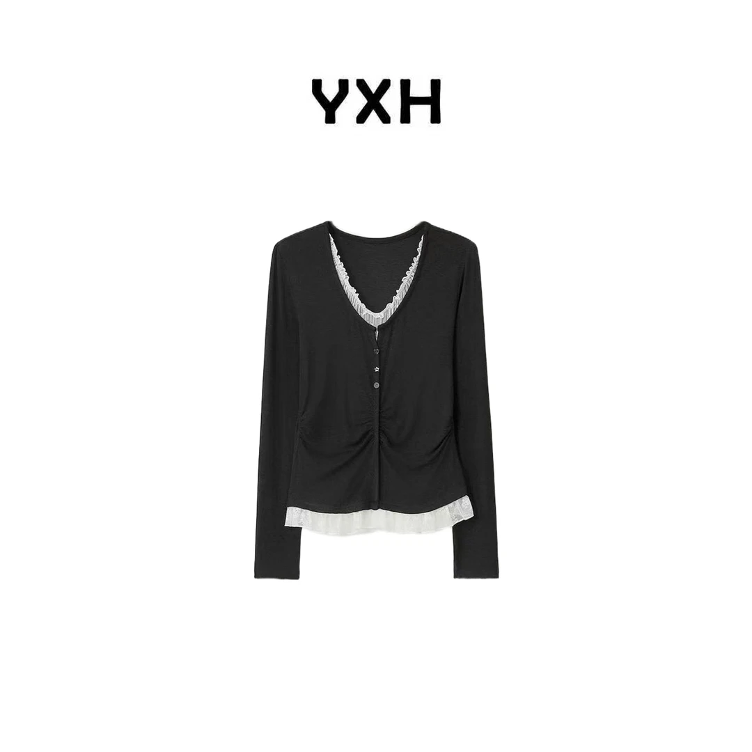 JZ【午夜花影】超柔抽褶小蛮腰蕾丝拼接显瘦百搭时尚上衣JZ7772