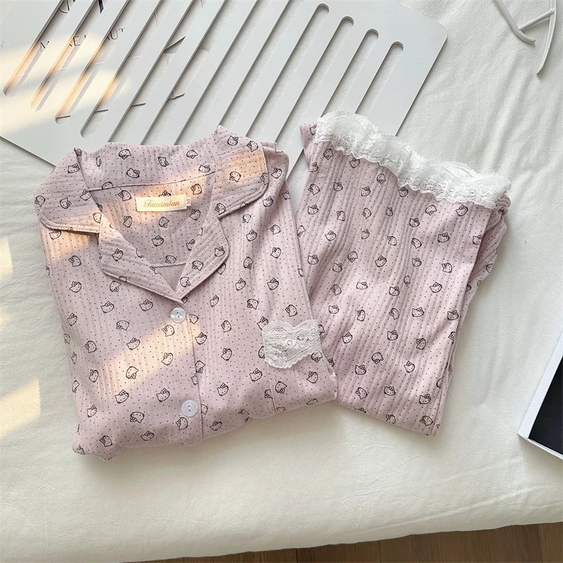 kitty小猫薄棉睡衣女春秋季新款甜美可爱花边开衫长袖长裤家居服