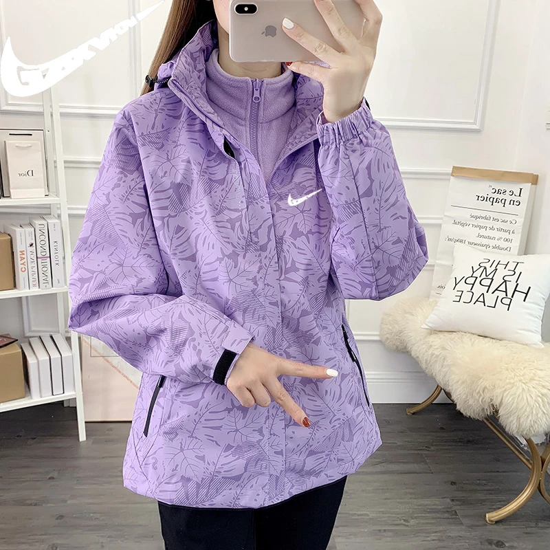 N1KE品牌迷彩冲锋衣女款三合一可拆卸秋冬季防风防水加绒加厚外套