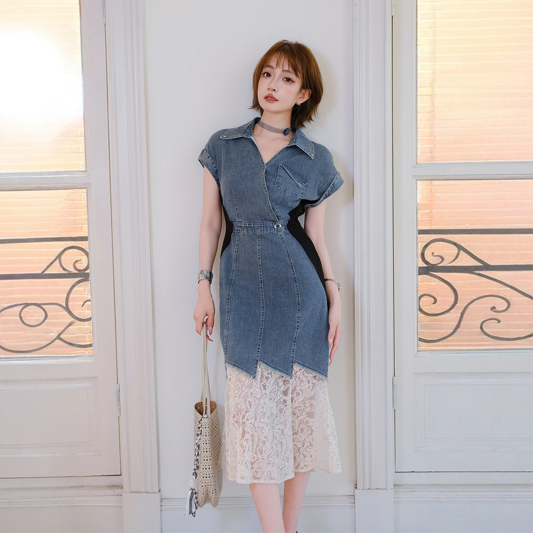 【现货】MIUCO掐腰牛仔裙3D立体剪裁收腰修身蕾丝鱼尾摆连衣裙D47