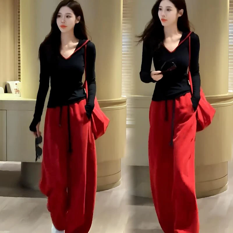 时尚套装女修身秋季新款连帽短款长袖T恤短上衣休闲阔腿裤两件套