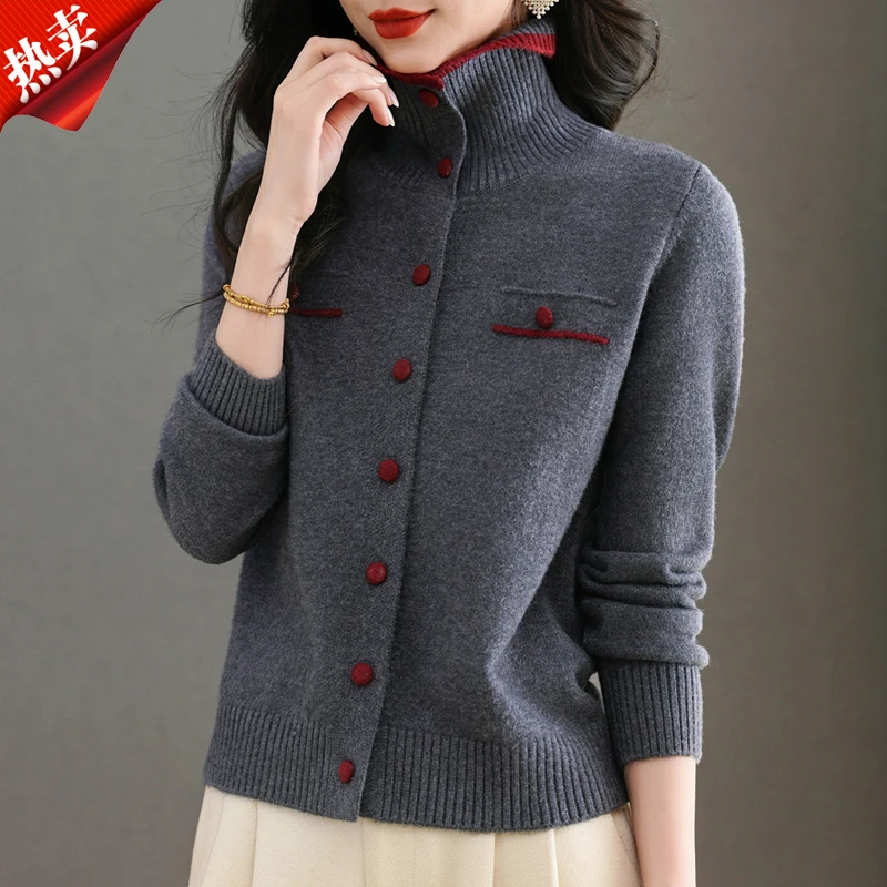 【原版正品】羊毛衫女可翻高领设计感针织上衣时尚纽扣毛衣开衫外套