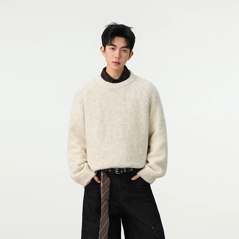 松弛感圆领毛衣针织衫外套男秋冬美式cleanfit潮牌慵懒风纯色