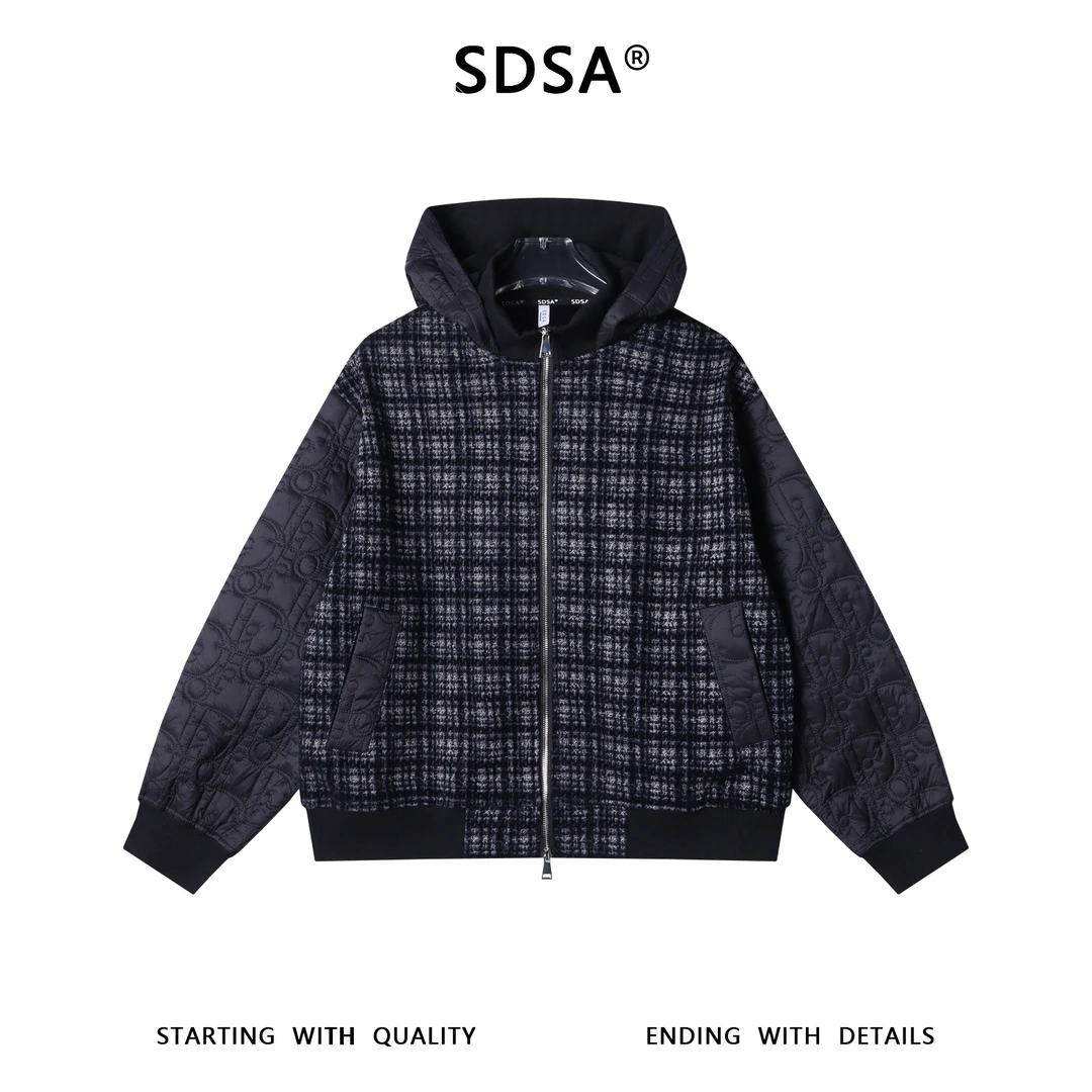 SDSA秋冬新款痞帅男装舒适撞色格子拼接拉链立领连帽卫衣外套百搭