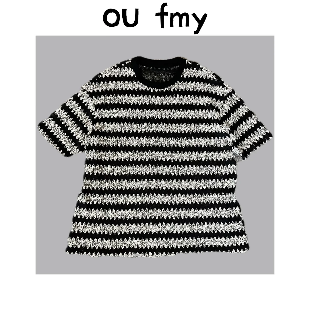 FY538夏季出游必备针织条纹圆领T恤休闲小众百搭黑白潮流