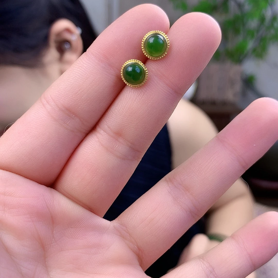 和田玉（碧玉）银S925镶嵌吊坠(不含链)耳钉