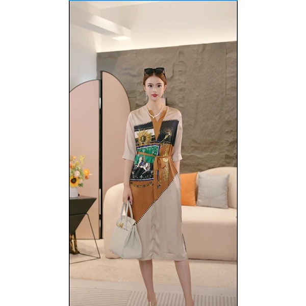 2025复古港风撞色中袖轻奢时尚印花休闲夏季连衣裙9026
