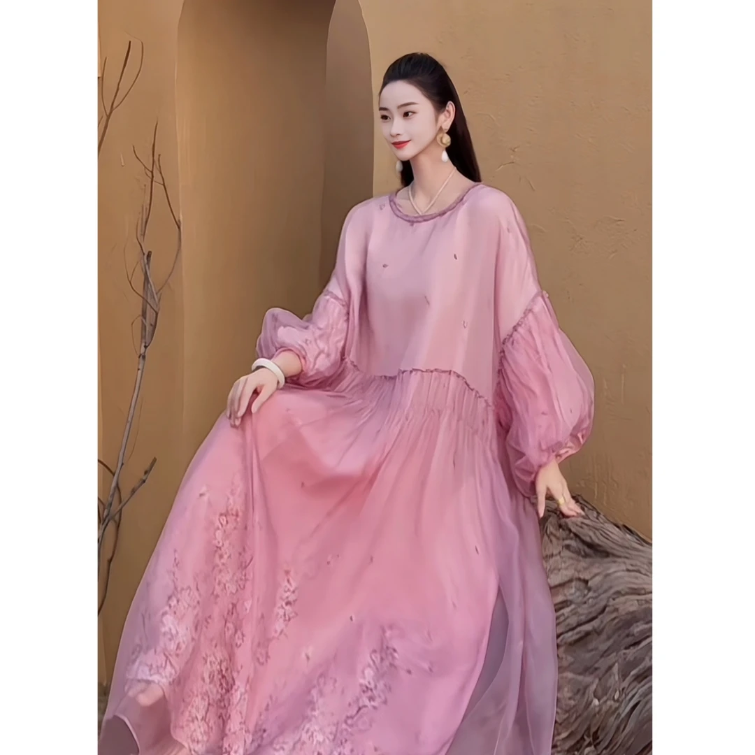 【紫烟梦华】YAMO2025春夏新款植物染减龄仙气感桑蚕丝连衣裙