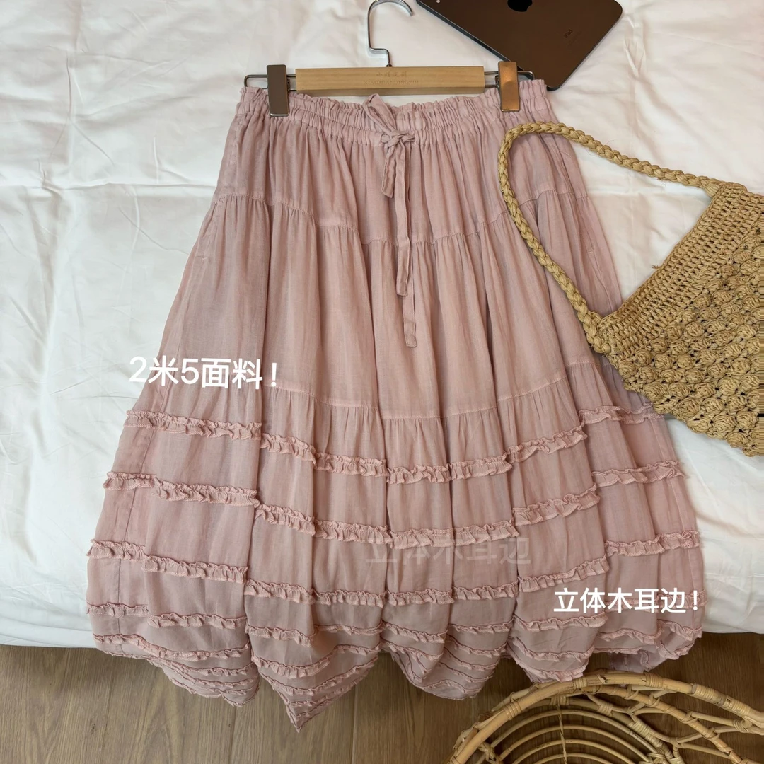J3046 森系甜美百搭松紧高腰半身裙女花边拼接蛋糕a字长裙