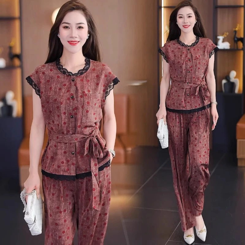 气质休闲套装女2025夏季新款洋气显瘦蕾丝边短袖上衣阔腿裤两件套