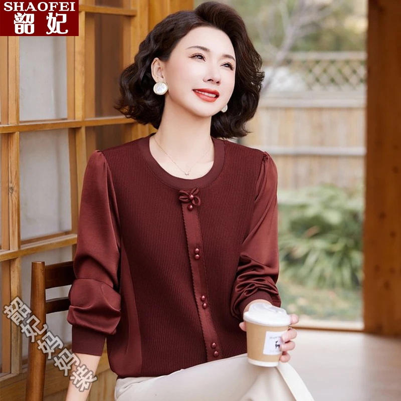 妈妈小衫春秋时尚洋气长袖T恤2025新款中老年女春装针织打底上衣