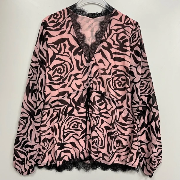 25032311V领蕾丝设计睡衣衬衫黑红条纹长袖透气25春夏新款