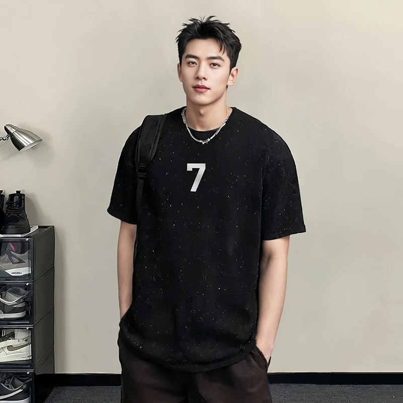 PANDARICH数字7满天星情侣短袖明星同款发泡印花美式T恤做旧水洗