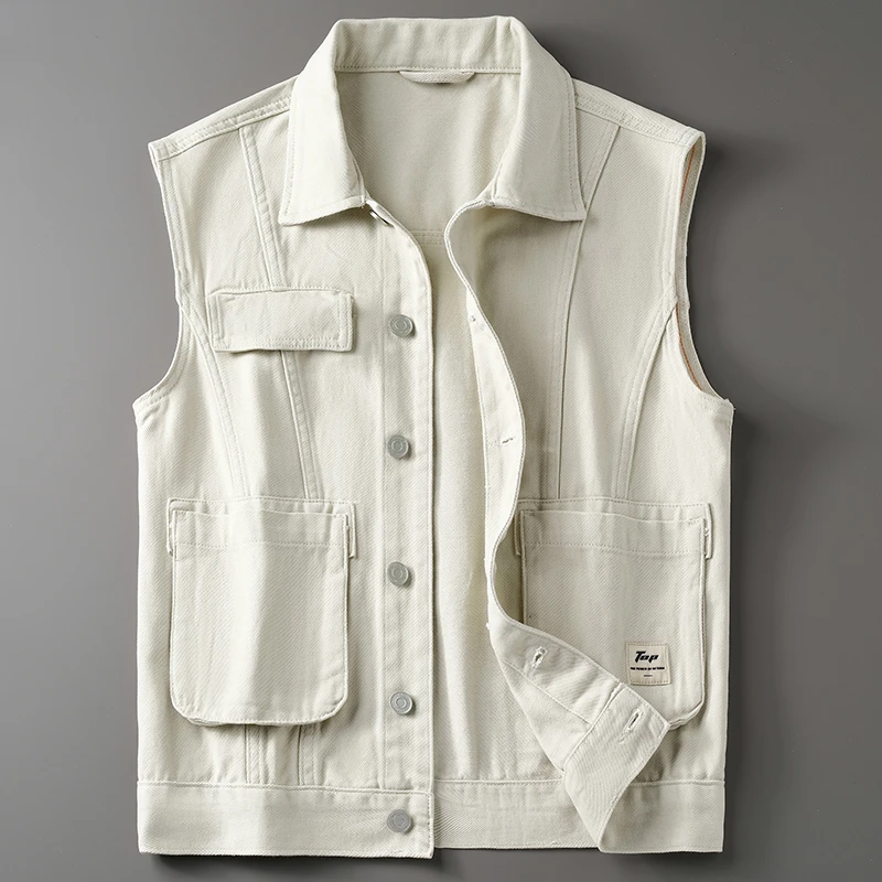 DeweLvum新款潮牌纯棉拼接牛仔马甲男工装大口袋马夹背心外套男装