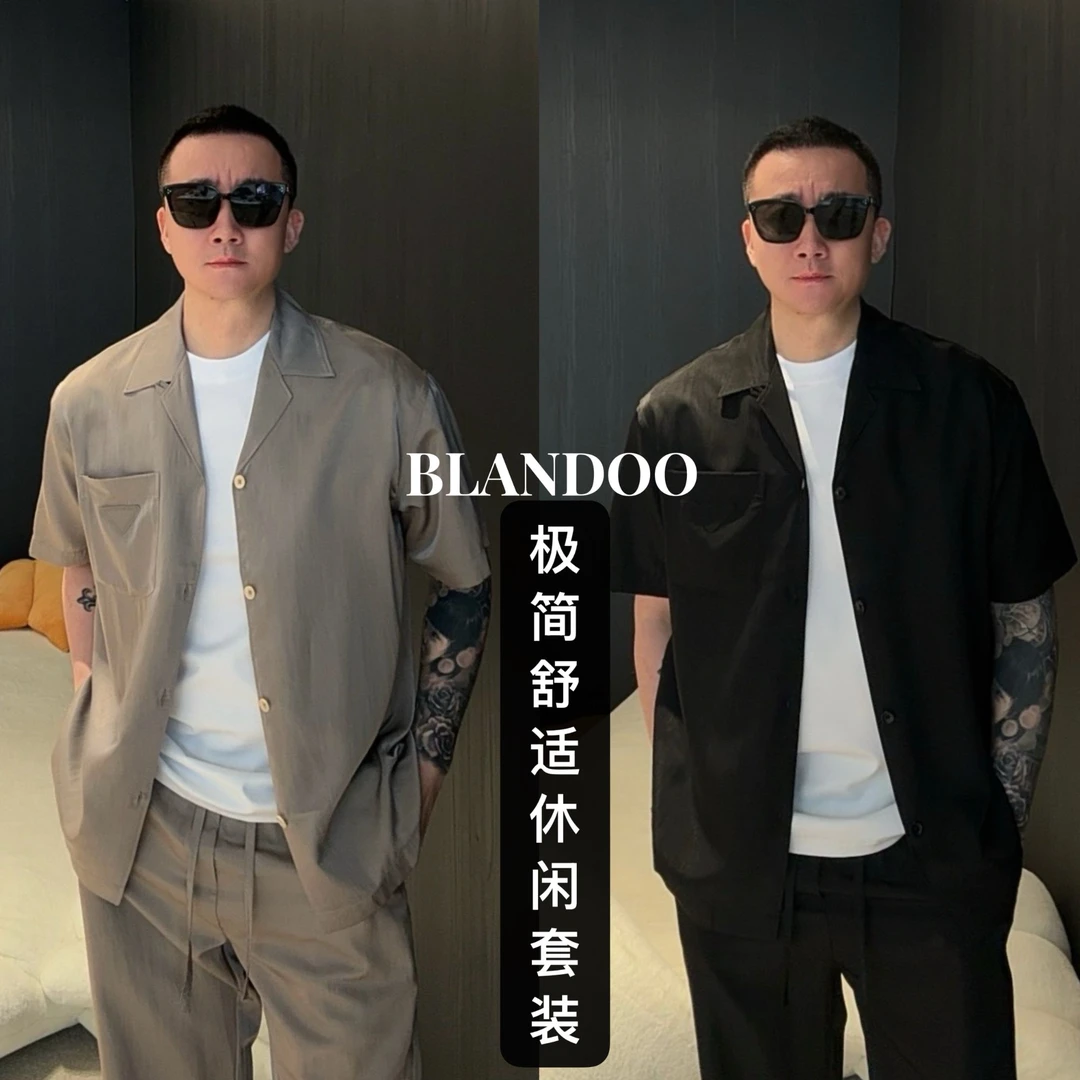 BLANDOO “极简舒适” 休闲P*家轻薄垂顺短袖衬衫套装8BD759