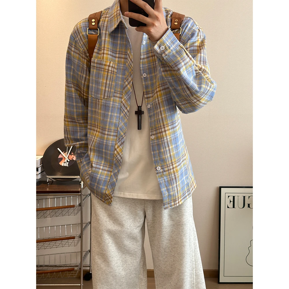 黄格子衬衫男女情侣长袖秋季新款vintage复古外套日系长袖衬衣服