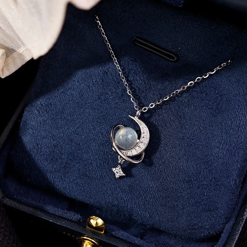 yinao/银奥925银月光石月亮项链轻奢时尚简约星空梦幻坠链气质