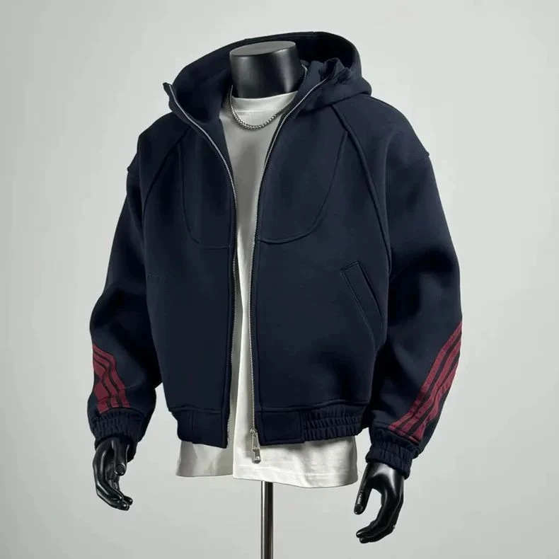 300斤大码美式复古短款肥佬卫衣男女装秋冬撞色条纹连帽开衫外套2