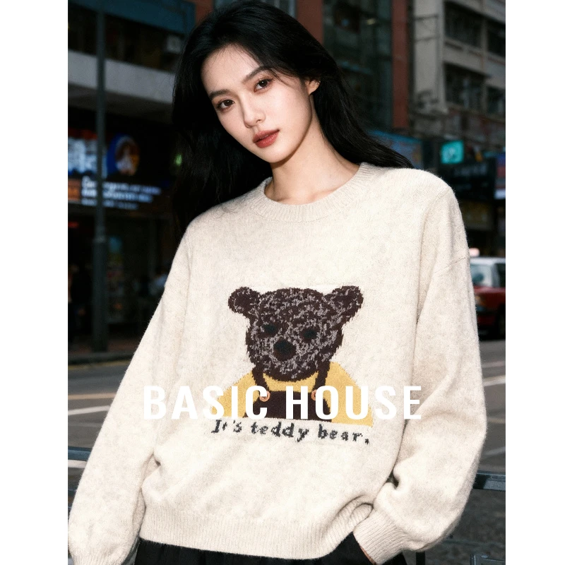 Basic House/百家好时尚慵懒风针织小熊印花套头毛衣-B0625B5LRD2