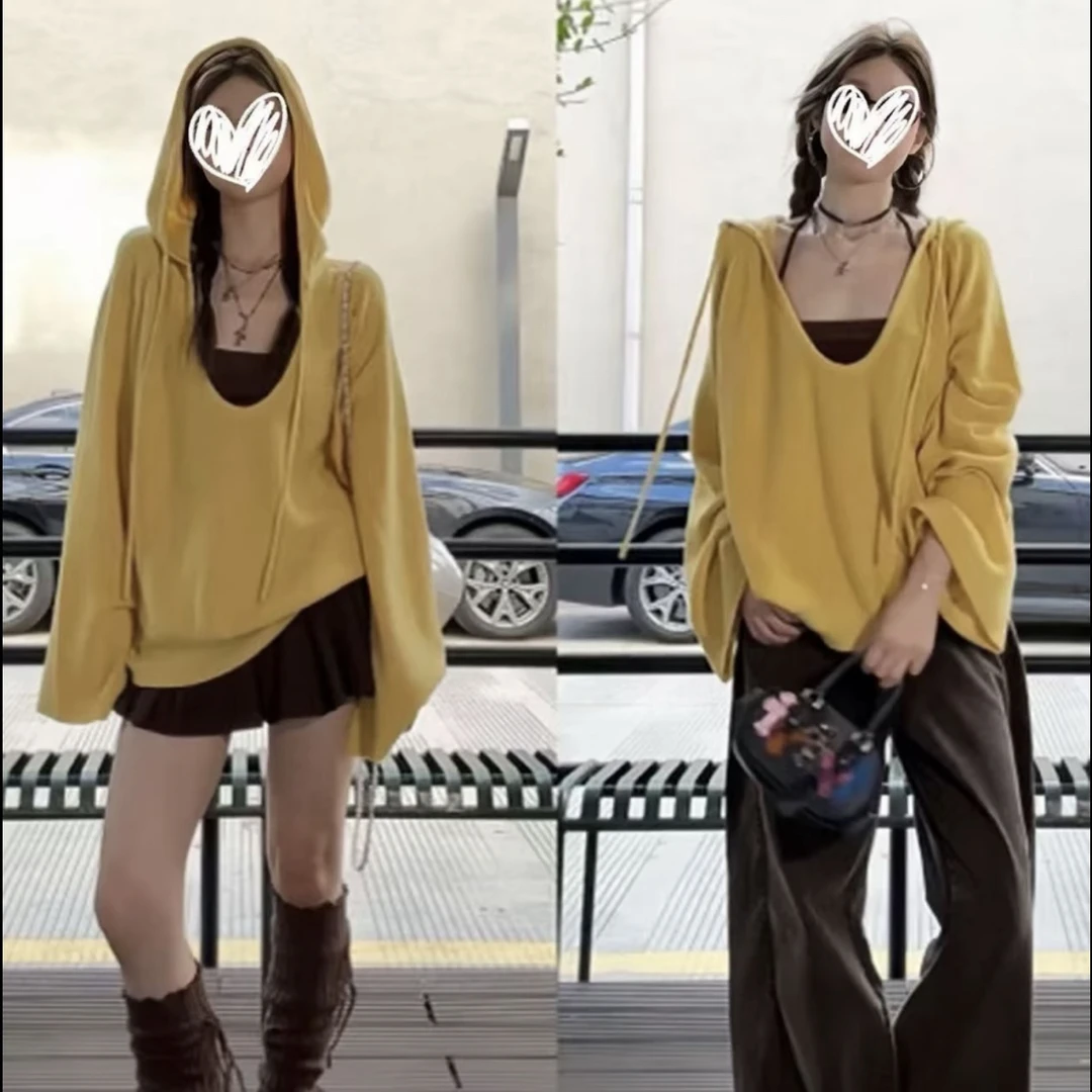 法式黄色连帽罩衫短裙早秋网红穿搭套装