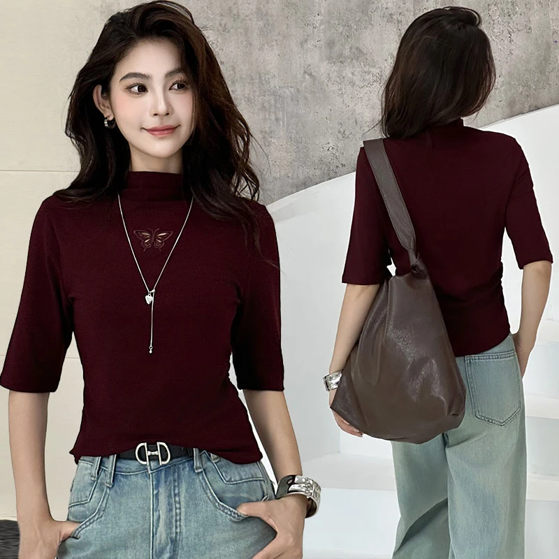 休闲风纯色五分袖半高领T恤女2025秋季新款小个子打底衫简约上衣