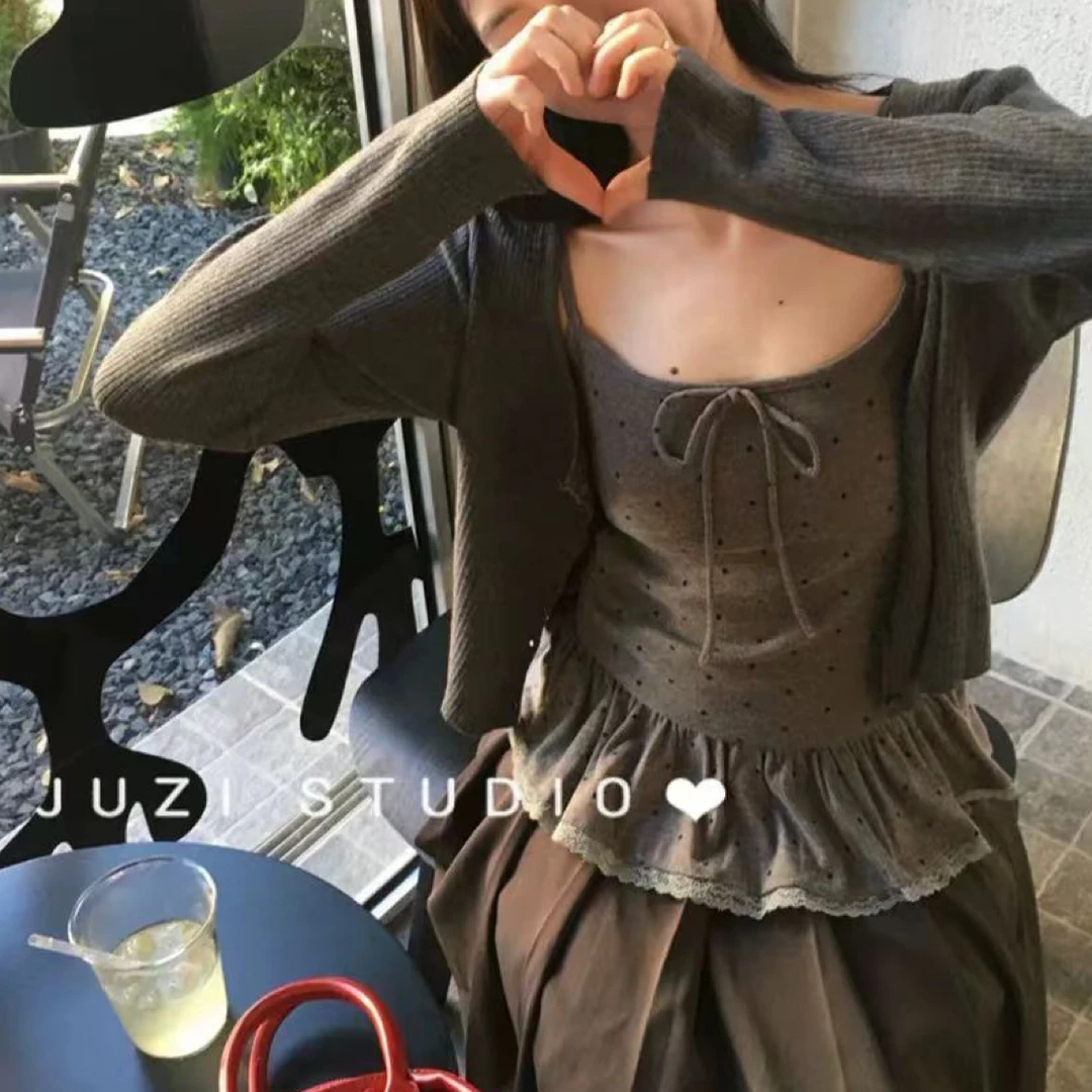 【安心推荐】早秋女荷叶边上衣纯欲甜辣设计感波点吊带开衫➕阔腿裤