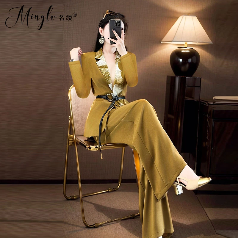 秋装新款甜酷时尚设计感高端职业套装姜黄色西装阔腿裤两件套女装