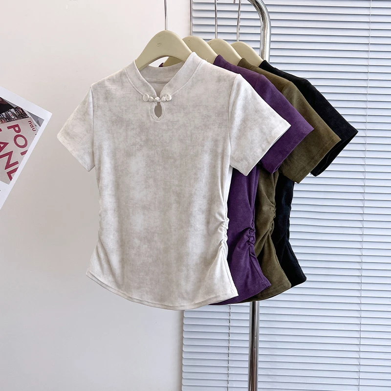 Moses Queen/魔西女王微胖MM新中式镂空盘扣立领显瘦短袖上衣