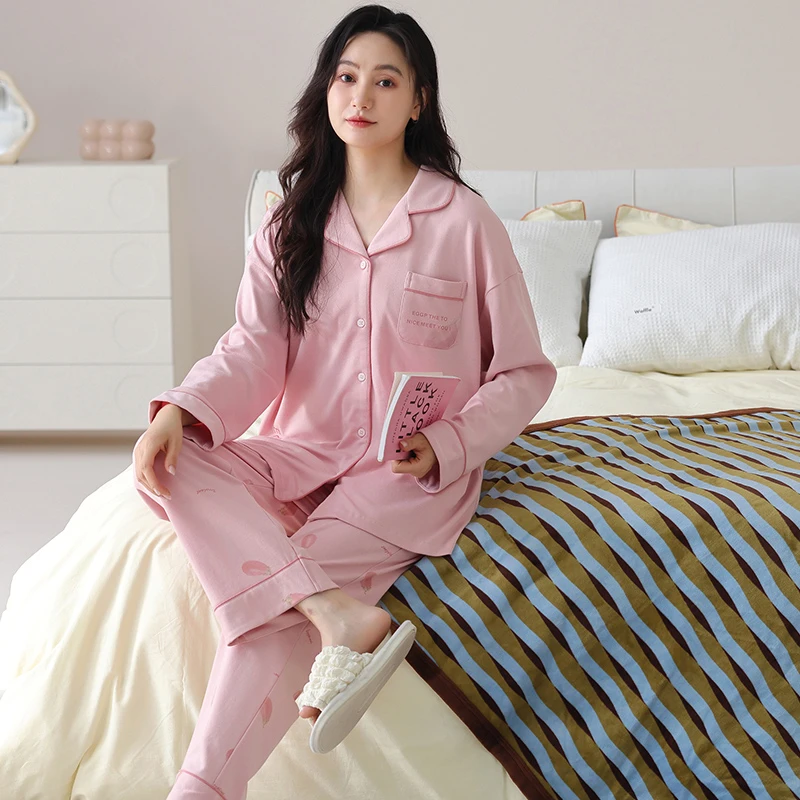 2025新款莉莉家女士加厚纯棉粉色果园开衫长袖睡衣家居服可外穿