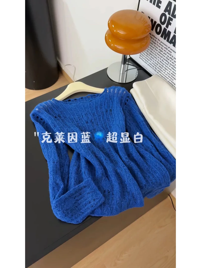 2025秋季新款韩版时尚休闲宽松显瘦百搭设计感蓝色针织毛衣上衣女