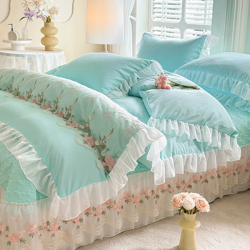 春夏新款夹棉床盖被套花边款韩版韩式公主风床上用品家纺四件套麦