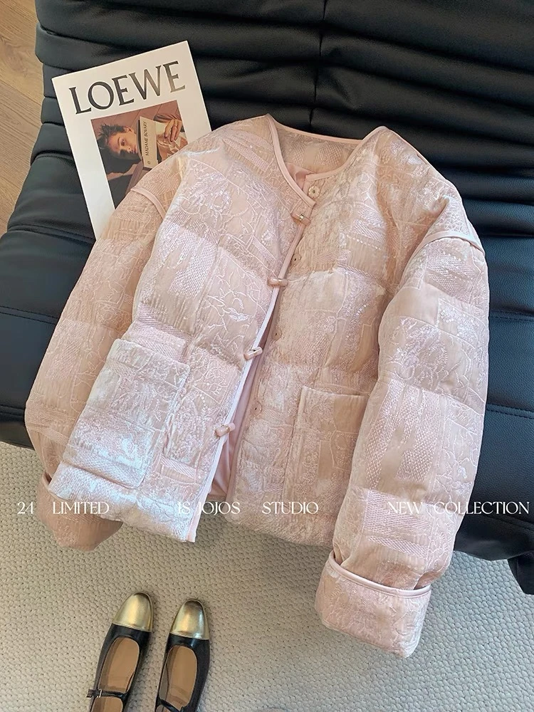 粉色新中式刺绣国风棉服女2025冬季新款高级感加厚圆领棉衣外套潮
