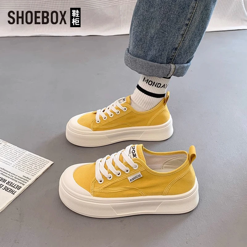 SHOEBOX鞋柜厚底帆布鞋女2025夏秋透气百搭爆款休闲小白运动板鞋