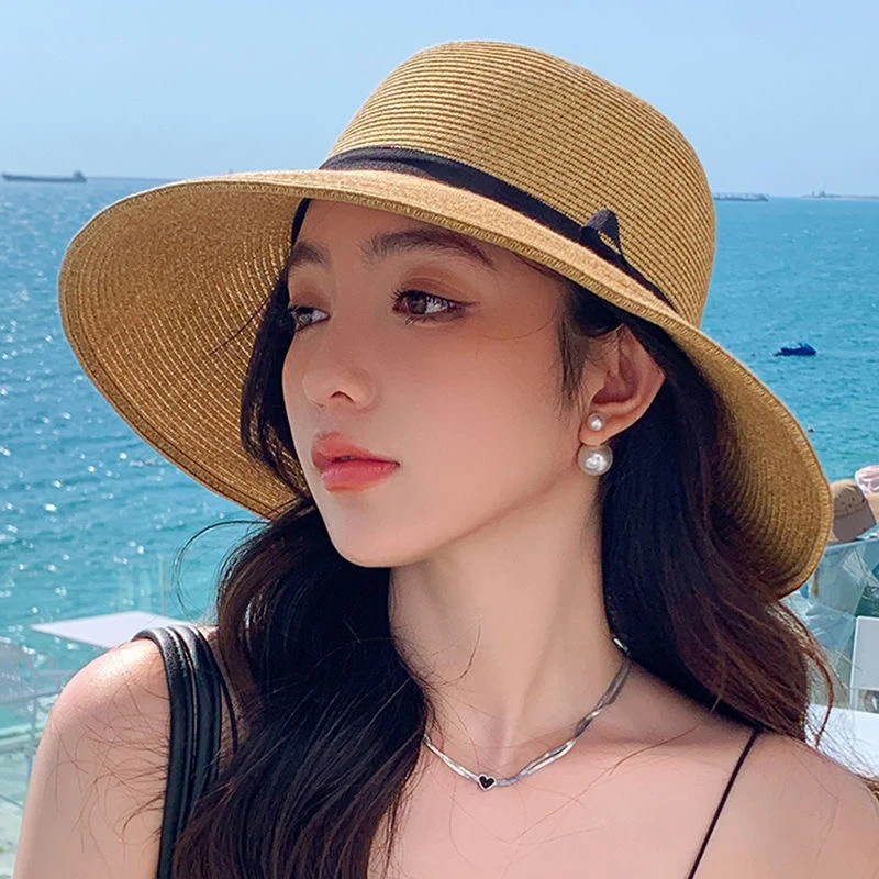 优雅细草编夏天旅游遮阳防晒太阳帽遮脸户外沙滩草帽女时尚渔夫帽