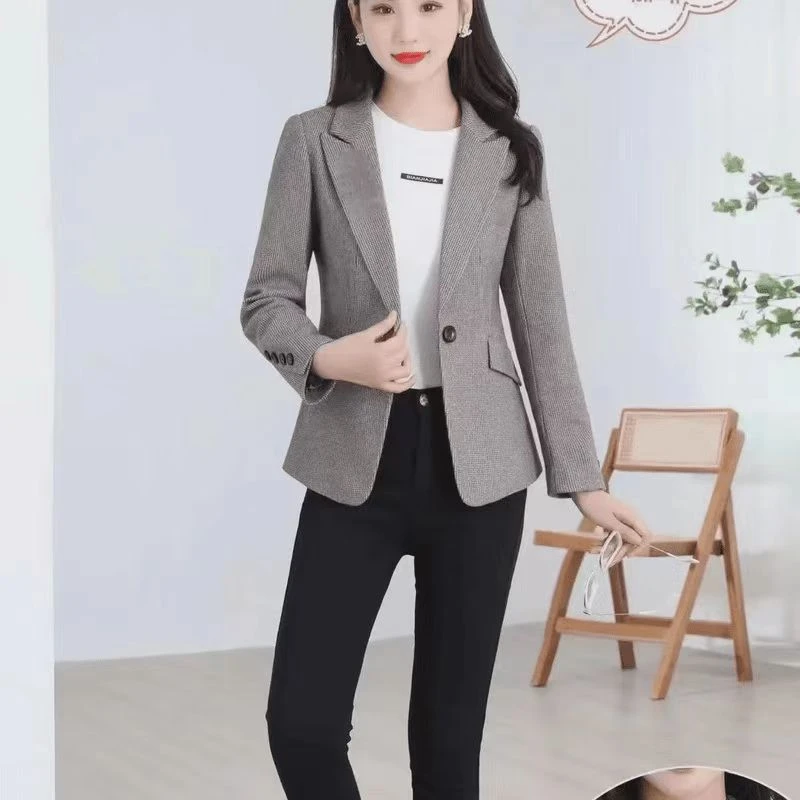 春款时尚千鸟格长袖女士西装外套新款韩版小西装C583