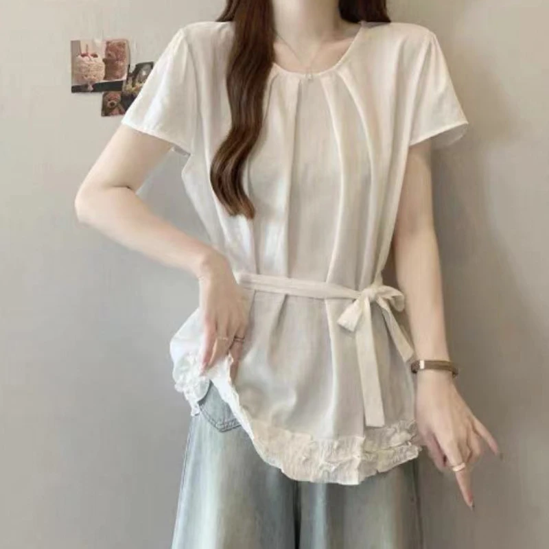 韩系设计感木耳边衬衫圆领小衫