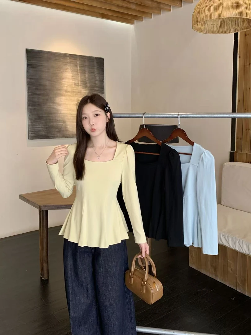 纯欲方领收腰长袖上衣女2025秋季新款大码胖mm时尚百搭显瘦穿搭