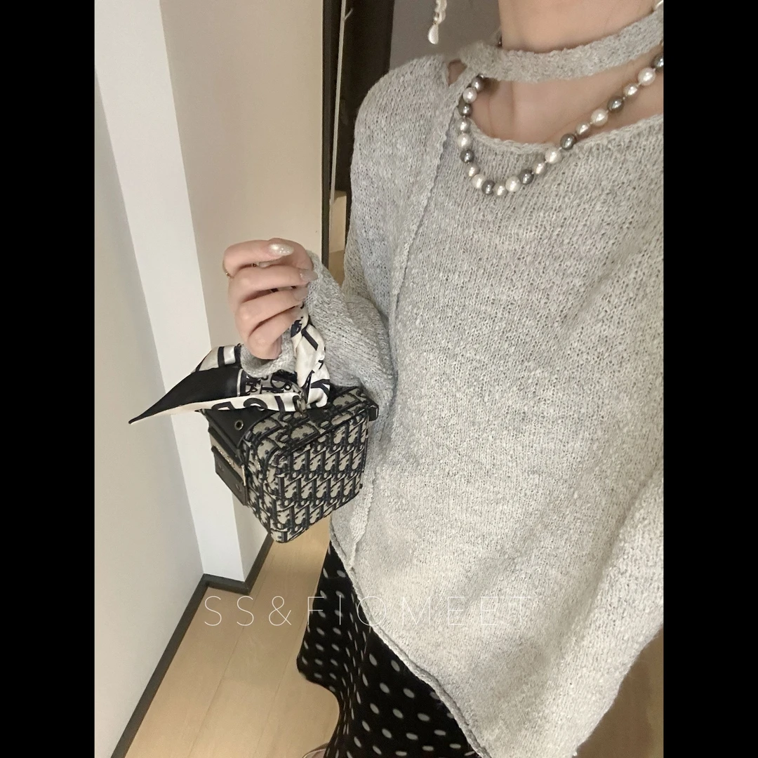 【新店福利】下摆开叉浅灰网红春夏新品针织上衣长袖女带飘带两件套