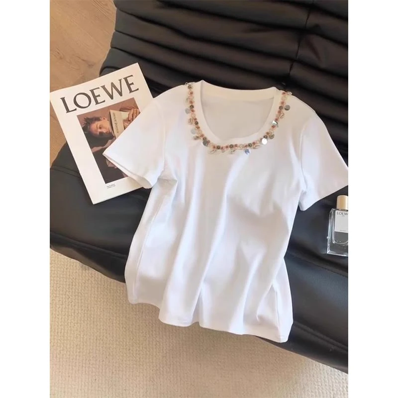 2025夏季新款爆款时尚重工亮片领短袖恤女高级感百搭显瘦上衣潮