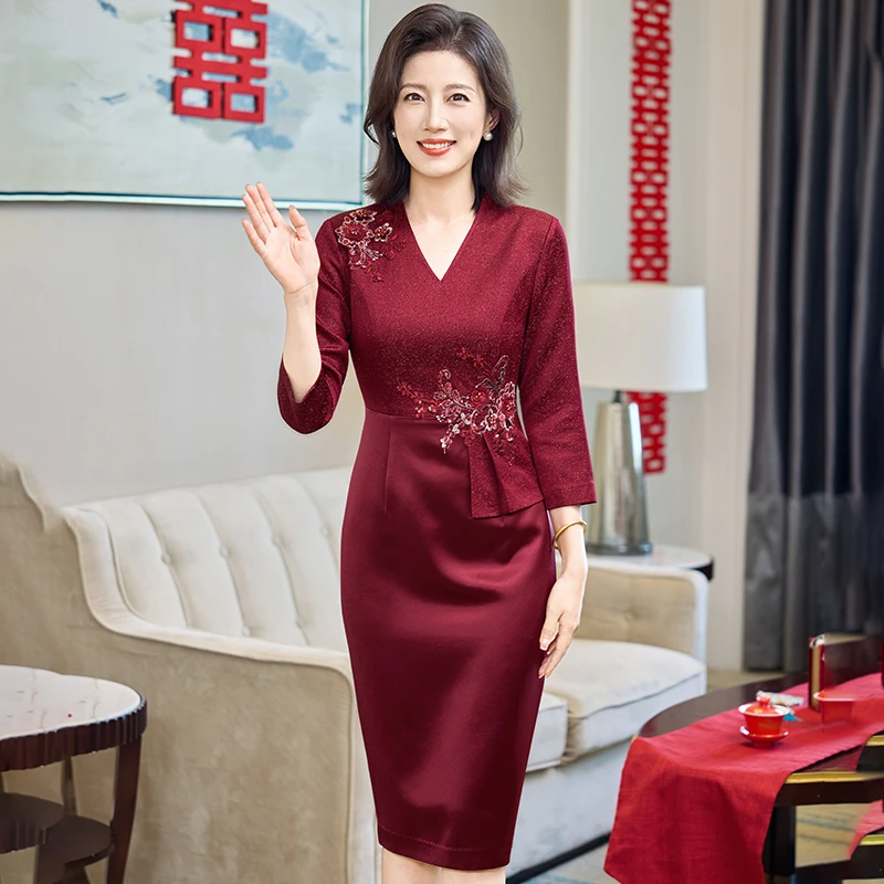 拼接连衣裙春秋喜婆婆婚宴旗袍裙新娘婚礼服长袖旗袍