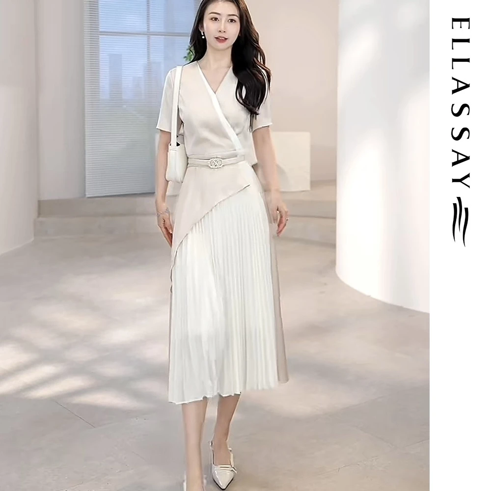 ELLASSAY/歌力思春夏新款欧若风撞色百褶连衣裙EWD356Y06700