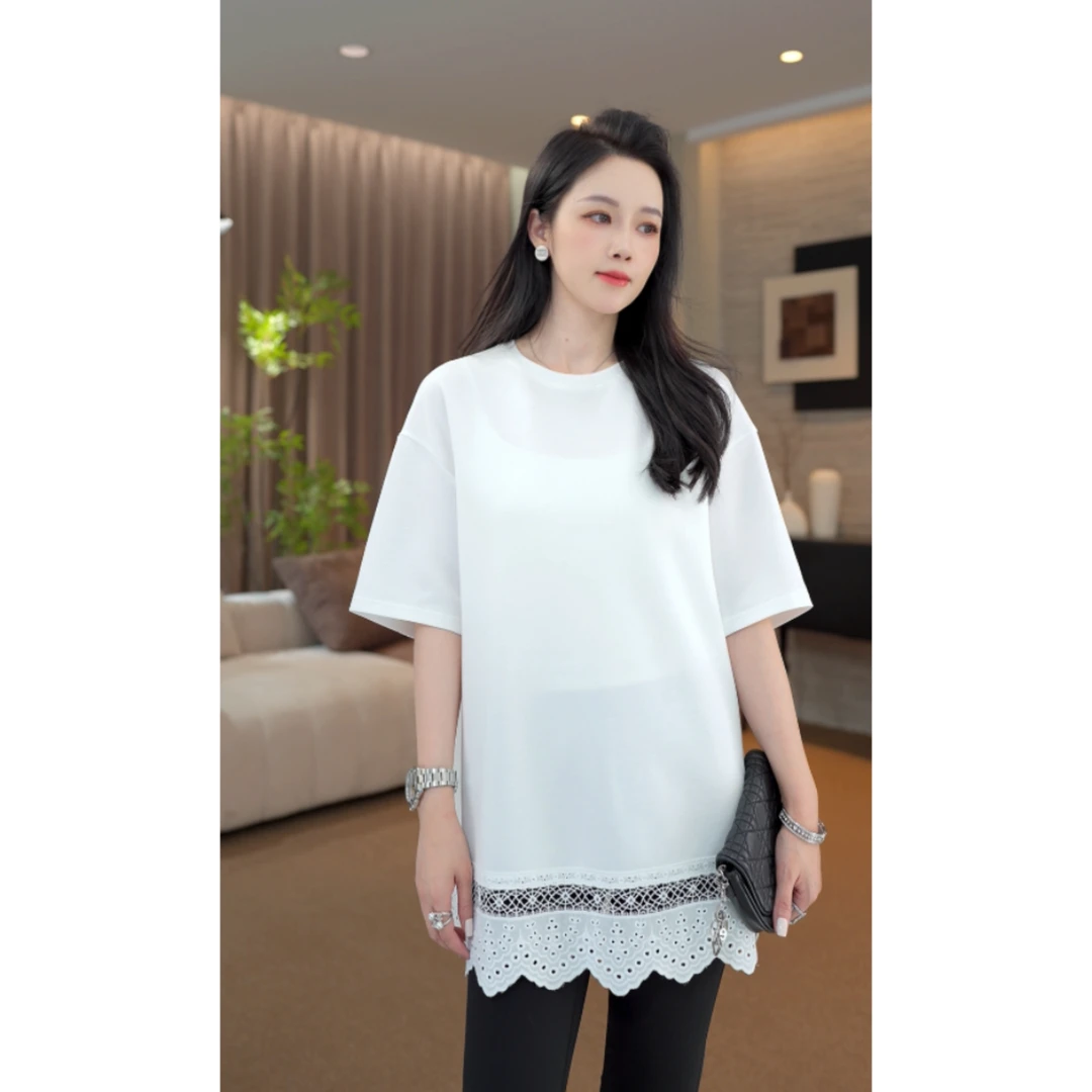 【MEEUMI】夏季女装T恤莫代尔白色短袖衣摆镂空蕾丝花边TD2326HG