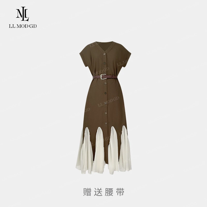 香榭琉光 慵懒风百搭显瘦下摆蕾丝拼接V领收腰连衣裙女YL-261742