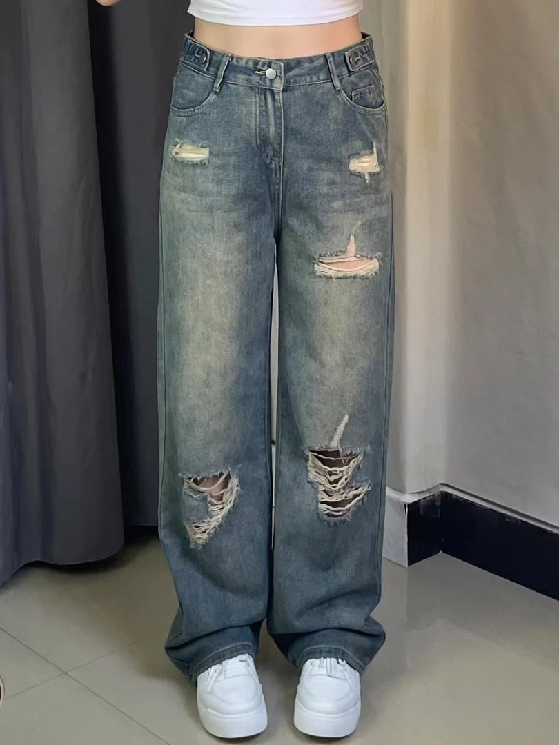 破洞牛仔裤女夏季新款高腰宽松显瘦春秋直筒梨形身材阔腿拖地裤子