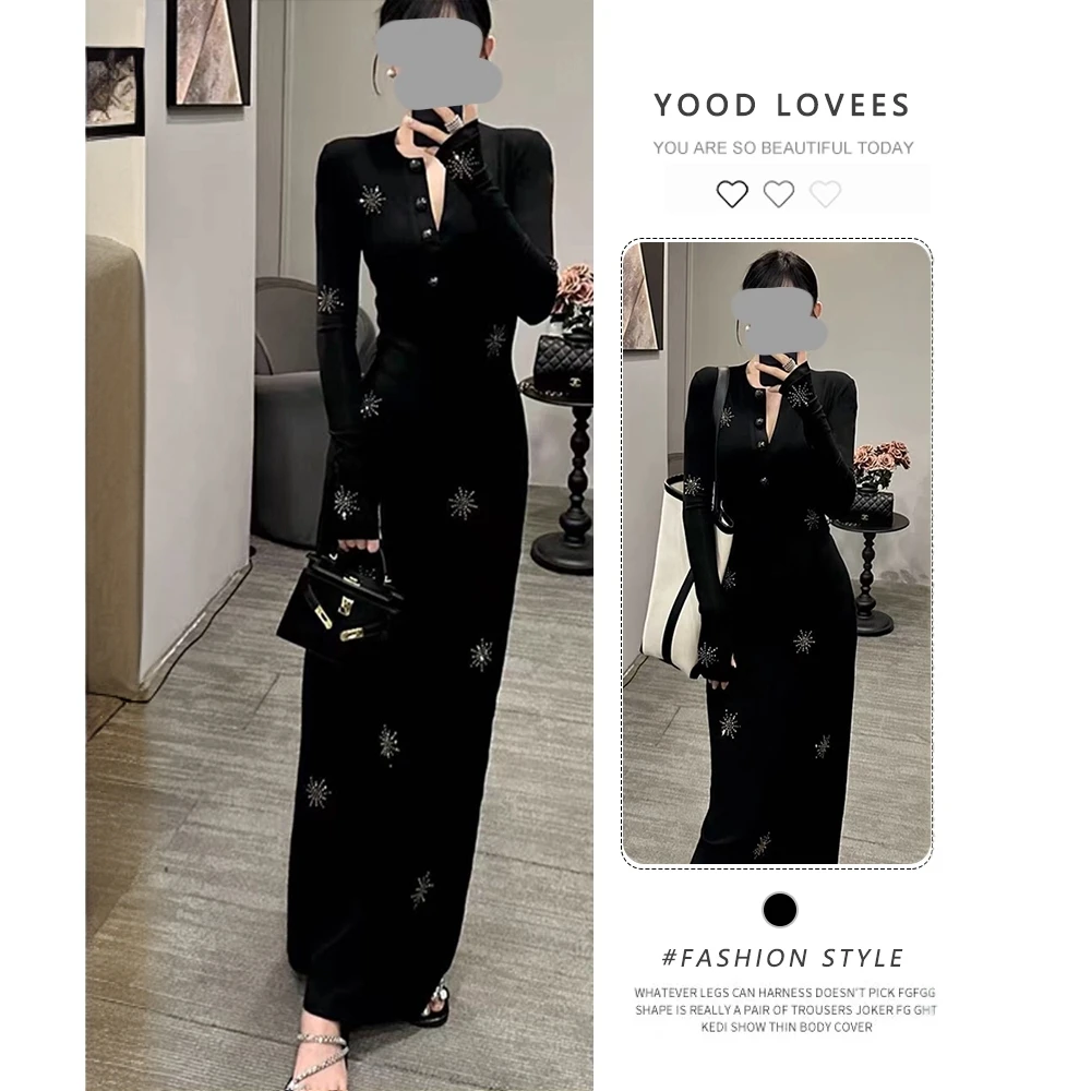 纯欲辣妹纽扣长袖连衣裙女秋季新款修身显瘦长裙高级感烫钻包臀裙