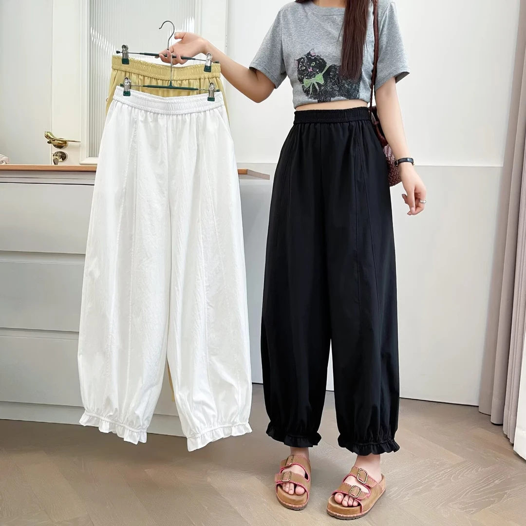 夏季宽松设计感木耳花边高腰花苞裤女灯笼裤
